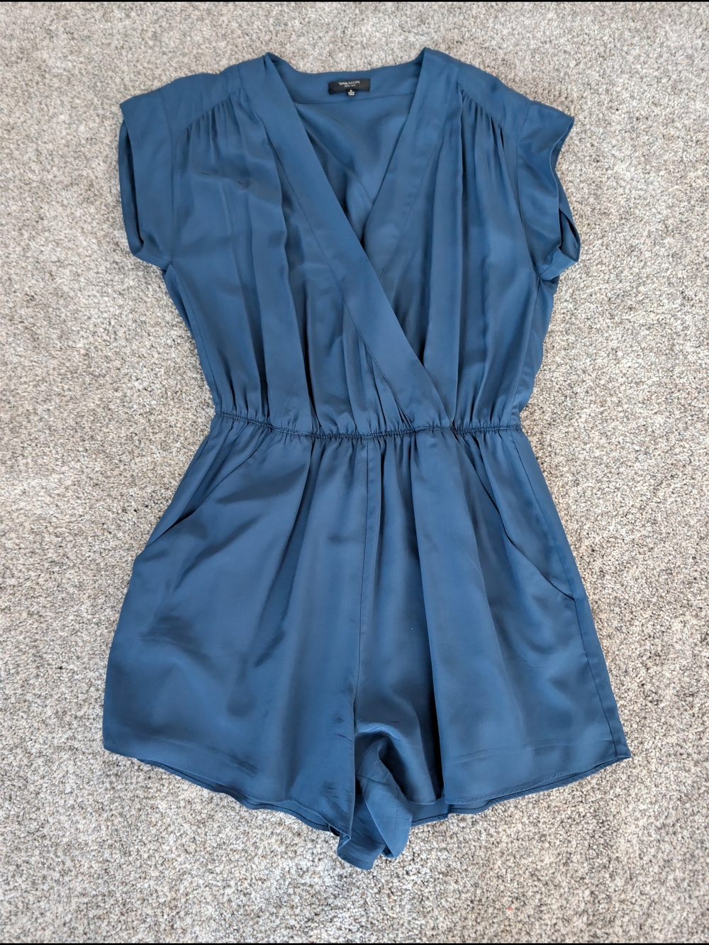 ​Babaton Aritzia 100% Silk Wrap V-Neck Romper Teal Blue M Pockets